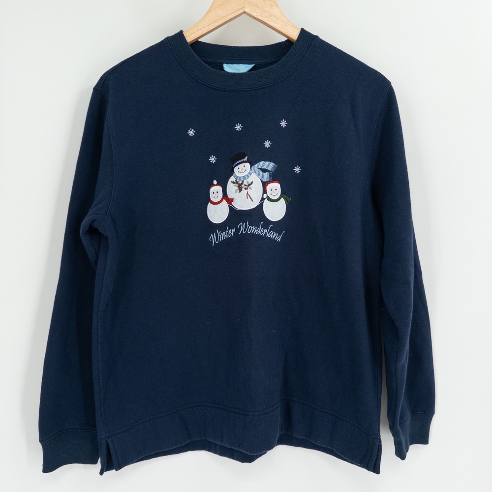 Christmas Snowman Sweatshirt Womens M Navy Winter Wonderland Granny Ugly